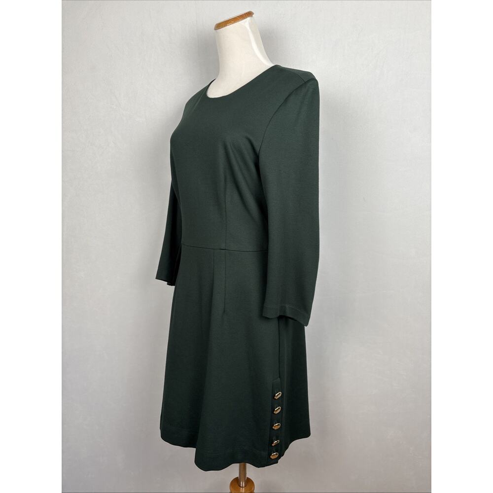 Trina Turk Ponte Knit Sheath Dress Gold Tone Buttons Women's 8 Green Officewear - Picture 1 of 9
